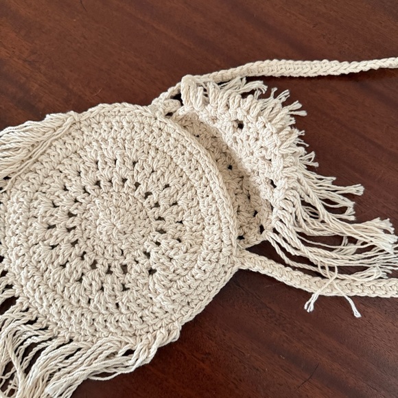 Macrame Round Crossbody Bag with Fringe - Cream - Picture 4 of 8